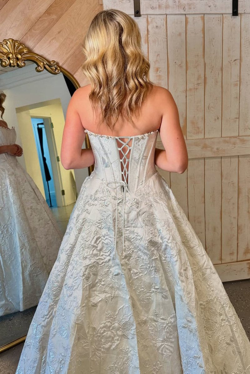 Jolette | White - A Line Strapless Jacquard Long Prom Dresses - KissProm