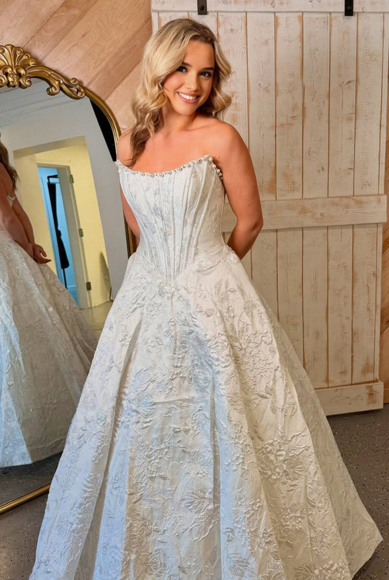 Jolette | White - A Line Strapless Jacquard Long Prom Dresses - KissProm