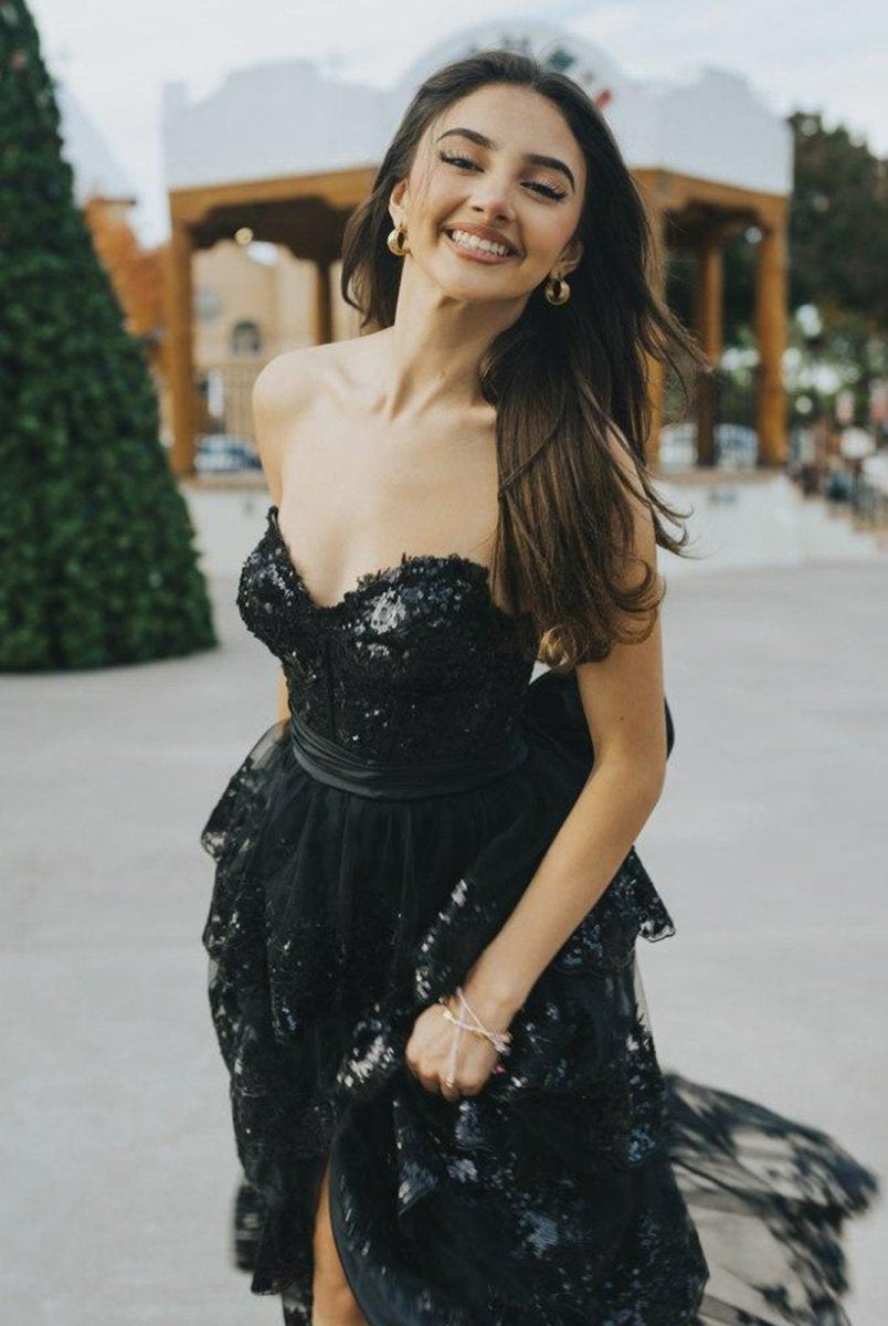 Jonjay | A - Line Sweetheart Sequin Ruffles Long Prom Dresses with Bow - KissProm