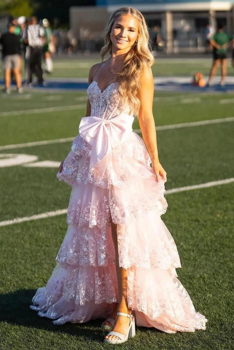 Jonjay | A - Line Sweetheart Sequin Ruffles Long Prom Dresses with Bow - KissProm