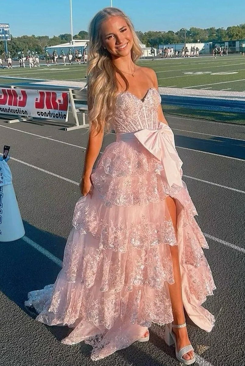 Jonjay | A - Line Sweetheart Sequin Ruffles Long Prom Dresses with Bow - KissProm