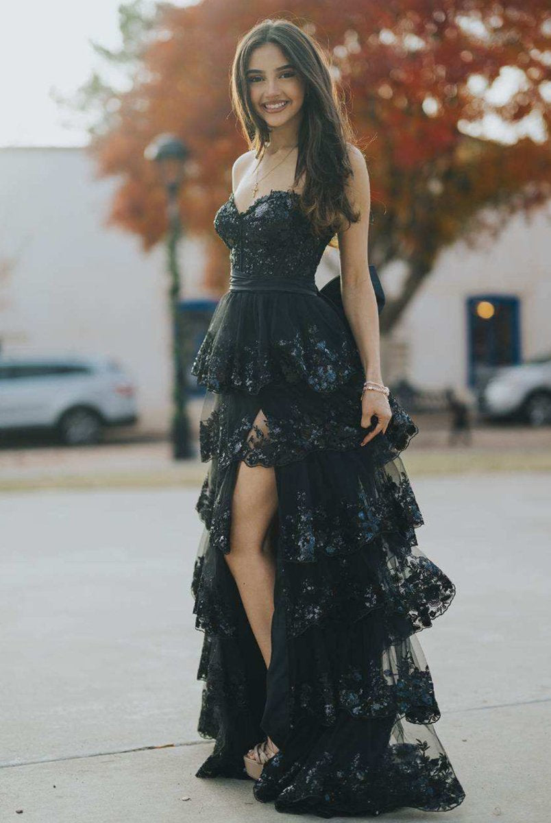 Jonjay | A - Line Sweetheart Sequin Ruffles Long Prom Dresses with Bow - KissProm