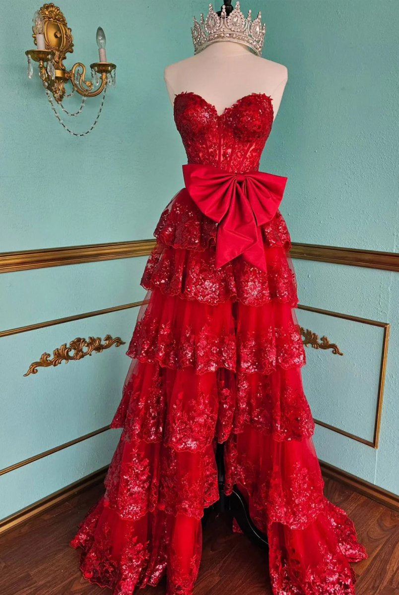 Jonjay | A - Line Sweetheart Sequin Ruffles Long Prom Dresses with Bow - KissProm