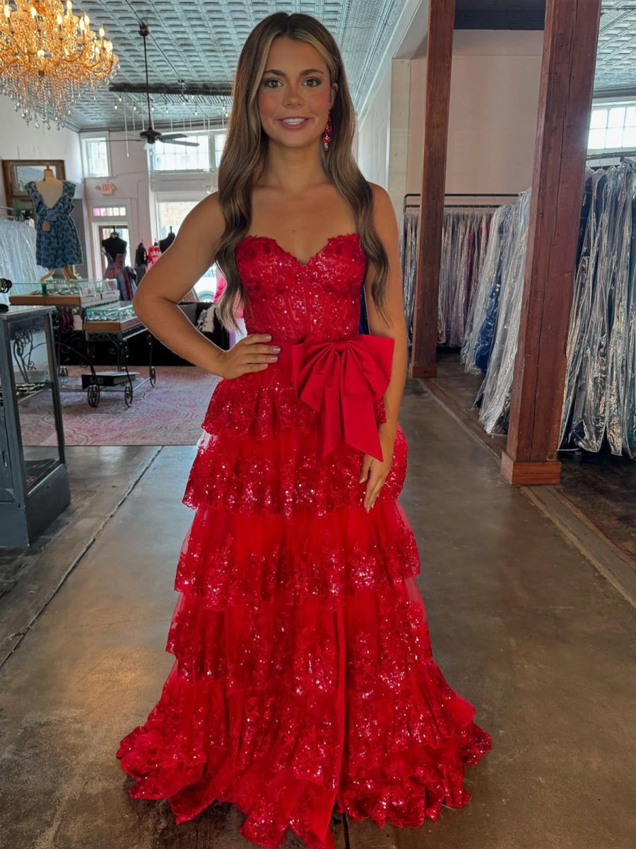 Jonjay | A - Line Sweetheart Sequin Ruffles Long Prom Dresses with Bow - KissProm