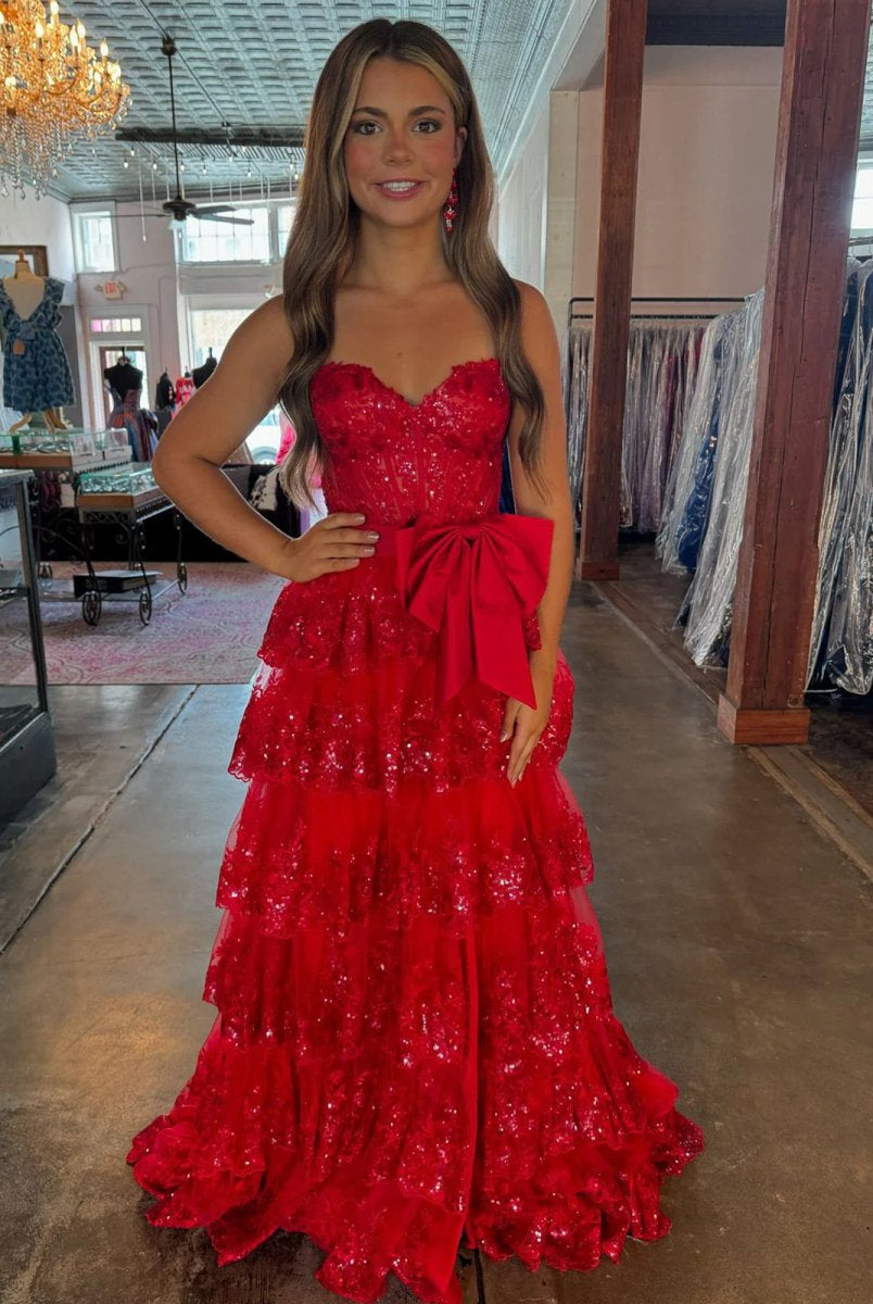 Jonjay | Sweetheart Light Blue Lace Appliques Ruffle Long Formal Gown