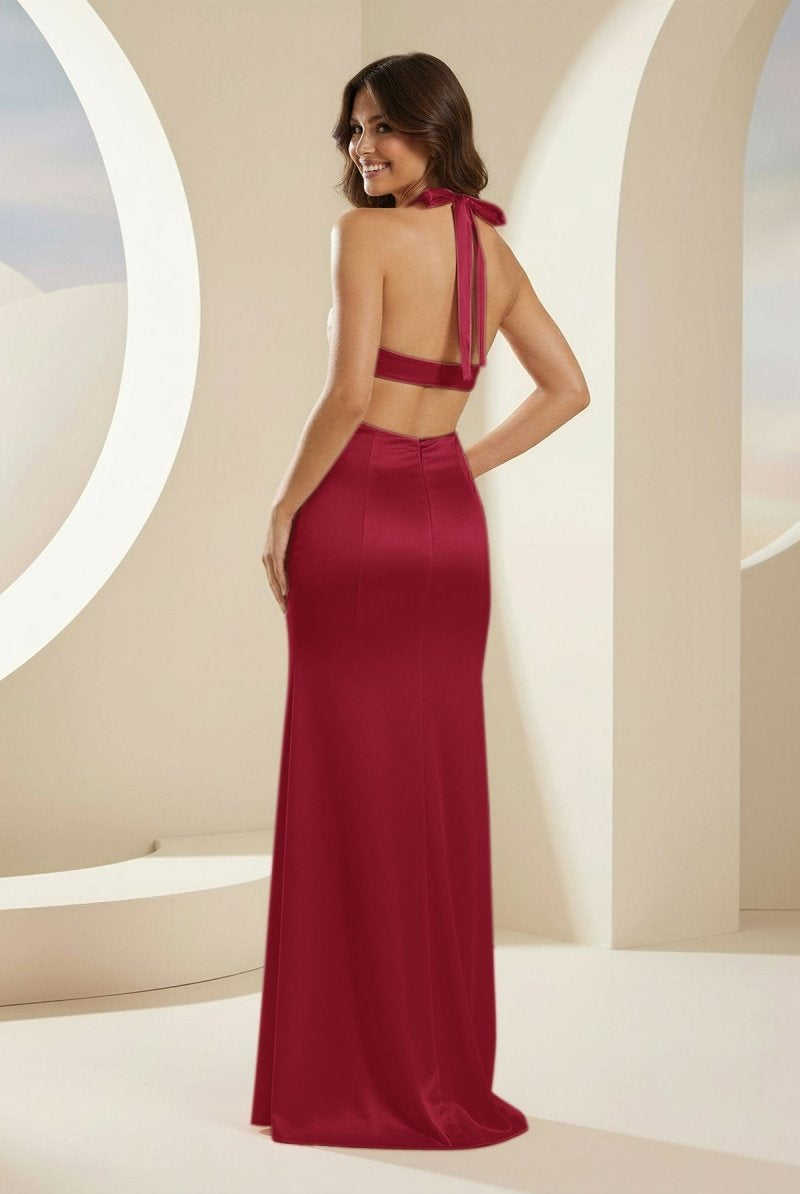 Joralia | Blush - Halter Sheath Satin Cutout Formal Prom Dresses With Slit - KissProm
