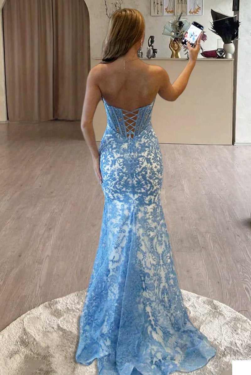Joraya | Blue - Strapless Mermaid Lace Long Prom Dresses With Beading - KissProm