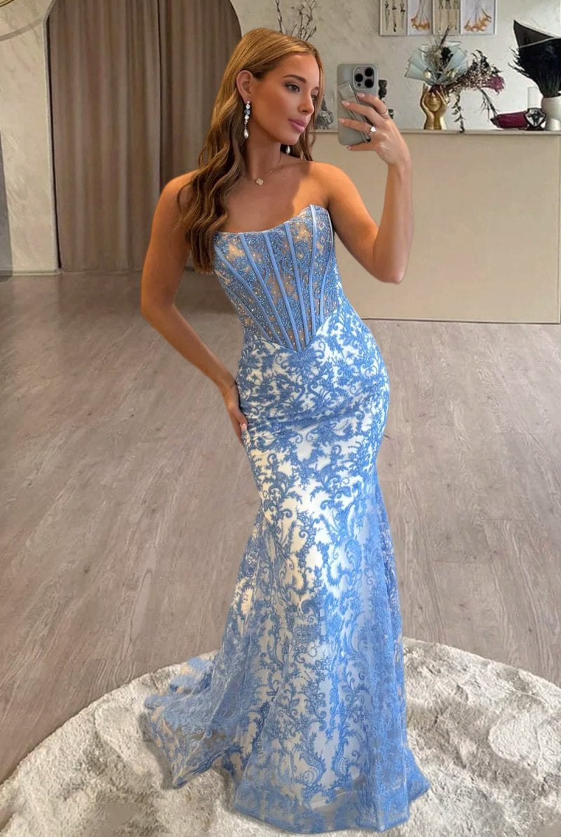 Joraya | Blue - Strapless Mermaid Lace Long Prom Dresses With Beading - KissProm