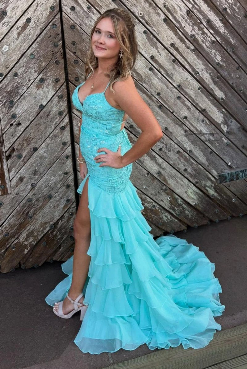 Jordane | Aqua - Spaghetti Straps Mermaid Lace Appliqued Prom Dresses With Ruffles - KissProm