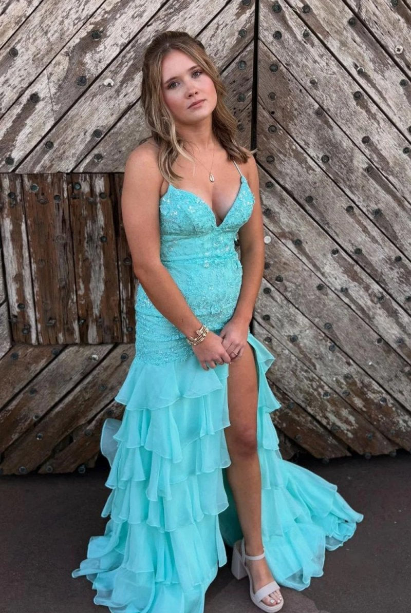 Jordane | Aqua - Spaghetti Straps Mermaid Lace Appliqued Prom Dresses With Ruffles - KissProm
