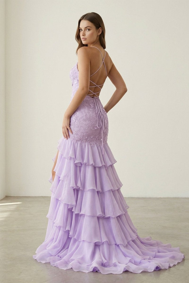 Jordane | Lilac - Spaghetti Straps Mermaid Lace Appliqued Prom Dresses With Ruffles - KissProm