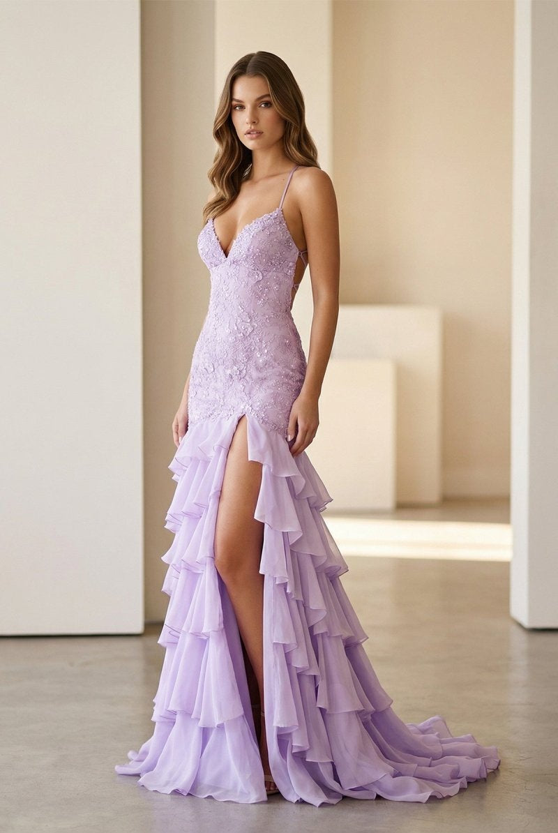 Jordane | Lilac - Spaghetti Straps Mermaid Lace Appliqued Prom Dresses With Ruffles - KissProm