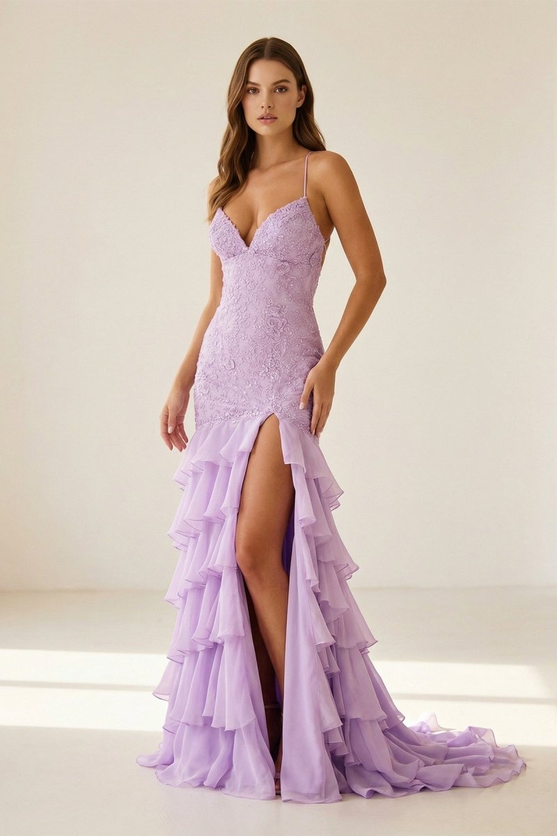 KissProm Yellow Spaghetti Straps Mermaid Lace Appliqued Prom Dresses With Ruffles, Lilac / 18