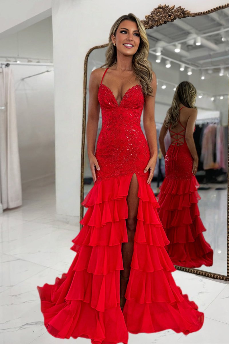Jordane | Red - Spaghetti Straps Mermaid Lace Appliqued Prom Dresses With Ruffles - KissProm