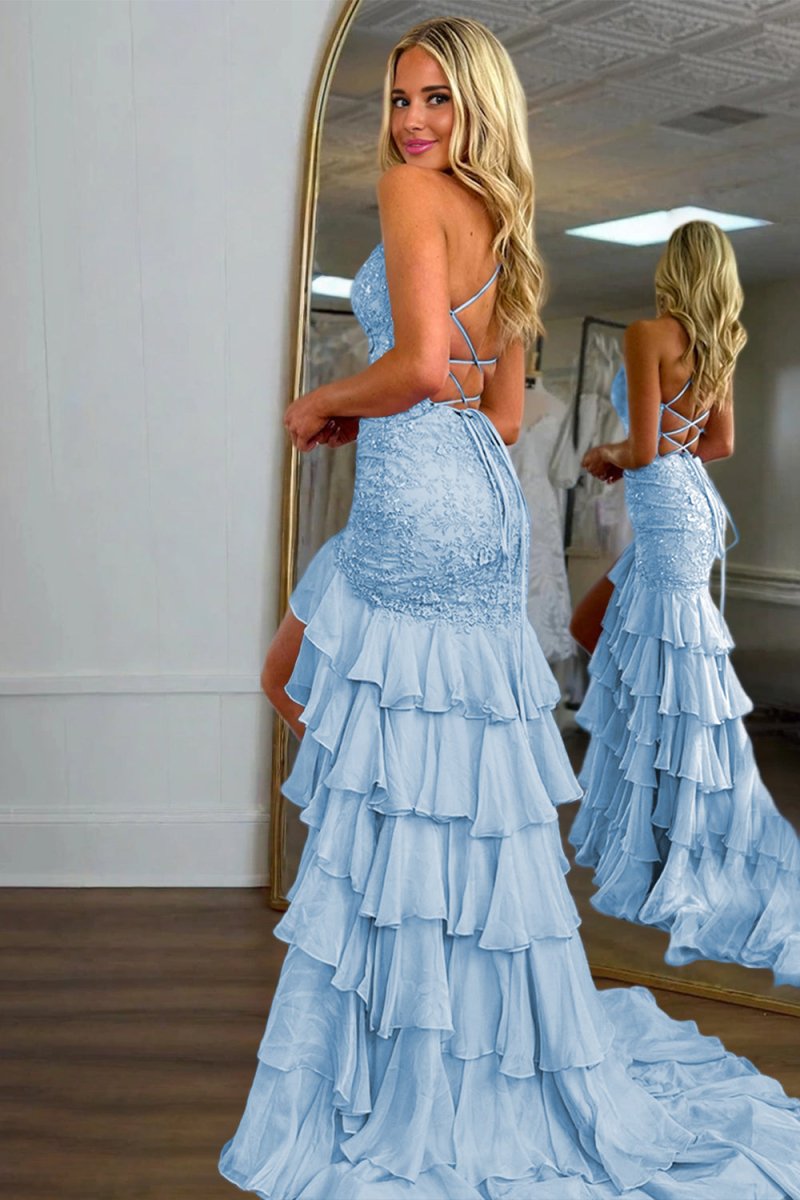 Jordane | Sky Blue - Spaghetti Straps Mermaid Lace Appliqued Prom Dresses With Ruffles - KissProm