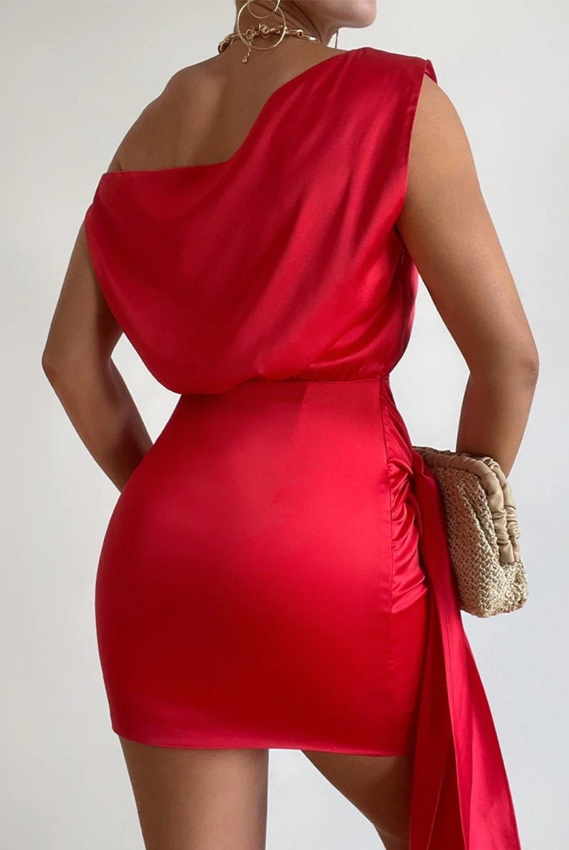 Jorja | Red - Sheath One Shoulder Satin Homecoming Dresses with Drape