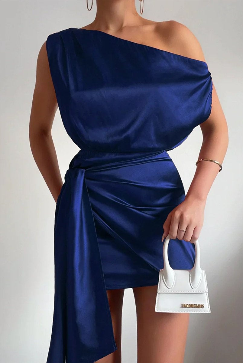 Jorja | Navy Blue - Sheath One Shoulder Satin Homecoming Dresses with Drape
