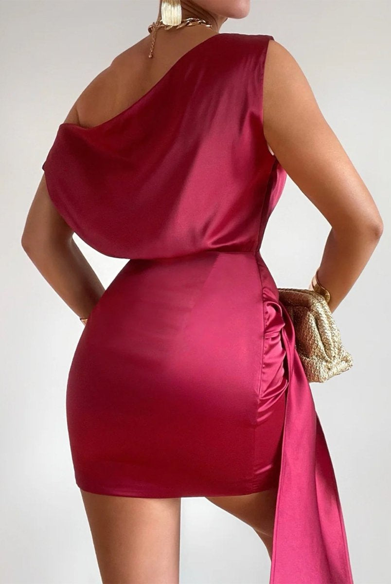 Jorja | Burgundy - Sheath One Shoulder Satin Homecoming Dresses with Drape