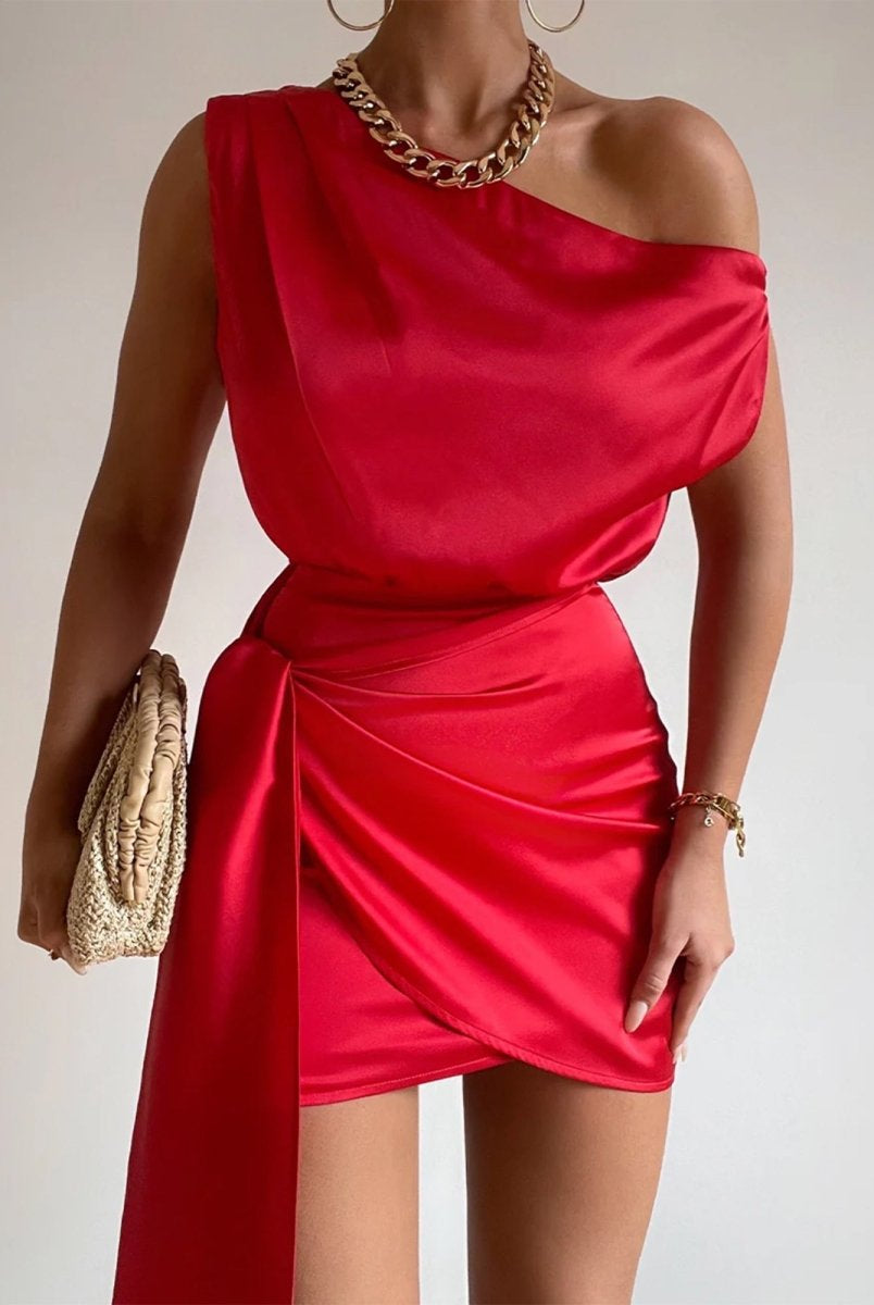 Jorja | Red - Sheath One Shoulder Satin Homecoming Dresses with Drape