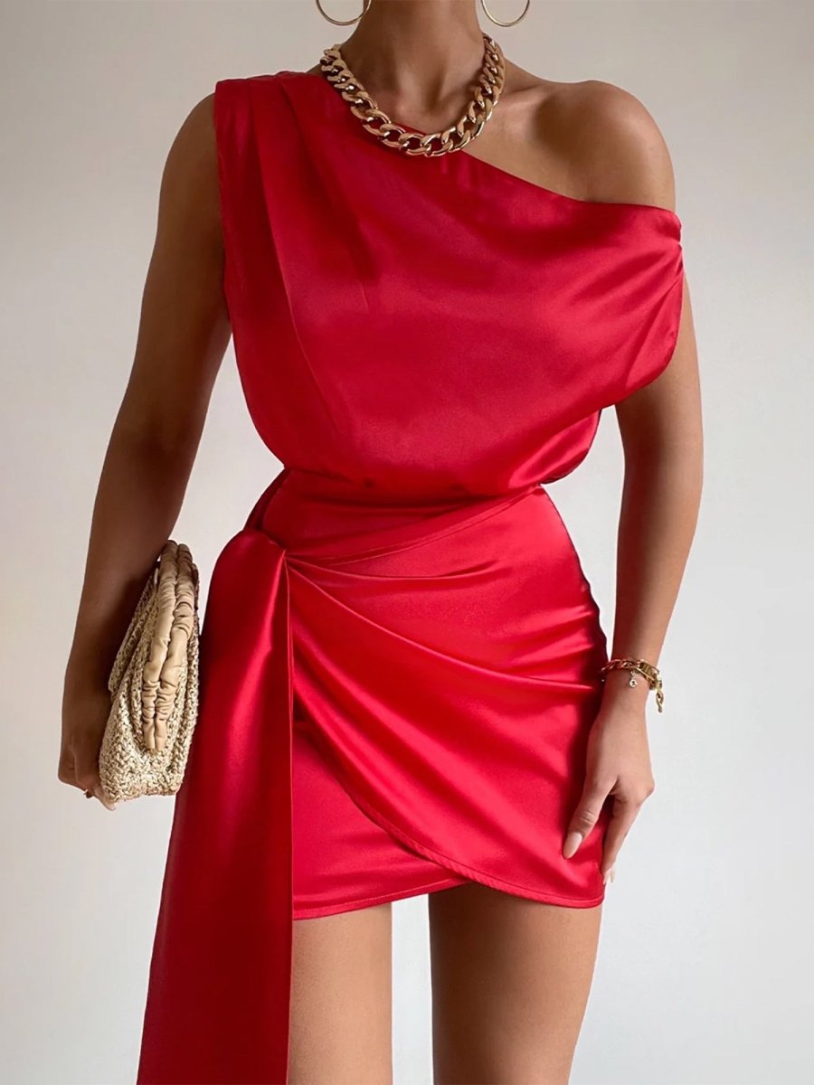 Jorja | Red - Sheath One Shoulder Satin Homecoming Dresses with Drape