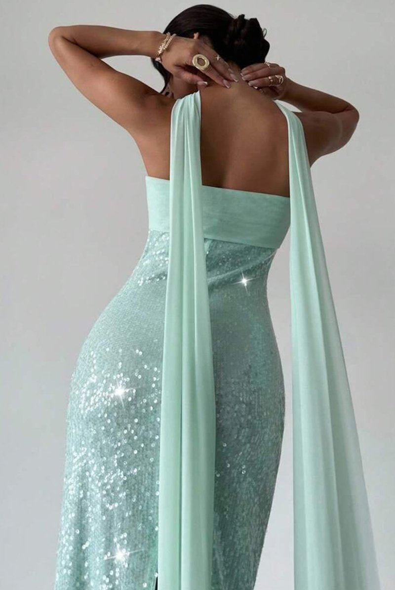Josephine | Aqua - Strapless Sheath Sequined Formal Prom Dresses With Scarf - KissProm