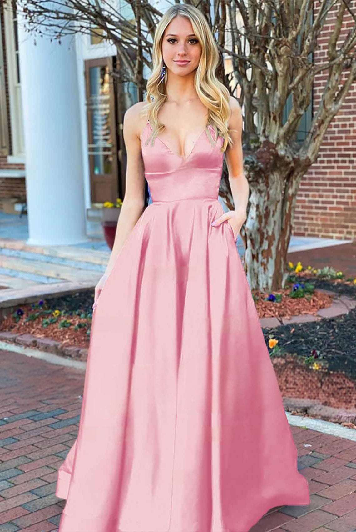 Josey | A Line Royal Blue V Neck Satin Prom Dress With Pockets - KissProm