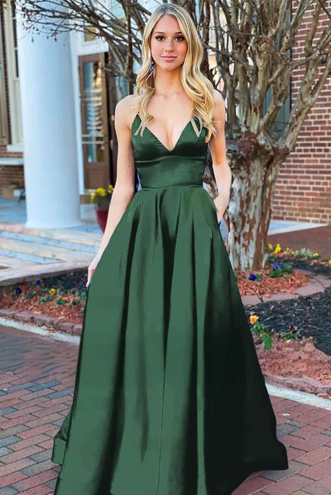 Josey | A Line Royal Blue V Neck Satin Prom Dress With Pockets - KissProm