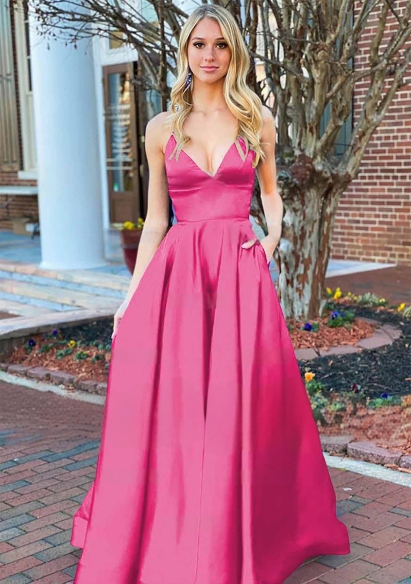 Josey | A Line Royal Blue V Neck Satin Prom Dress With Pockets - KissProm