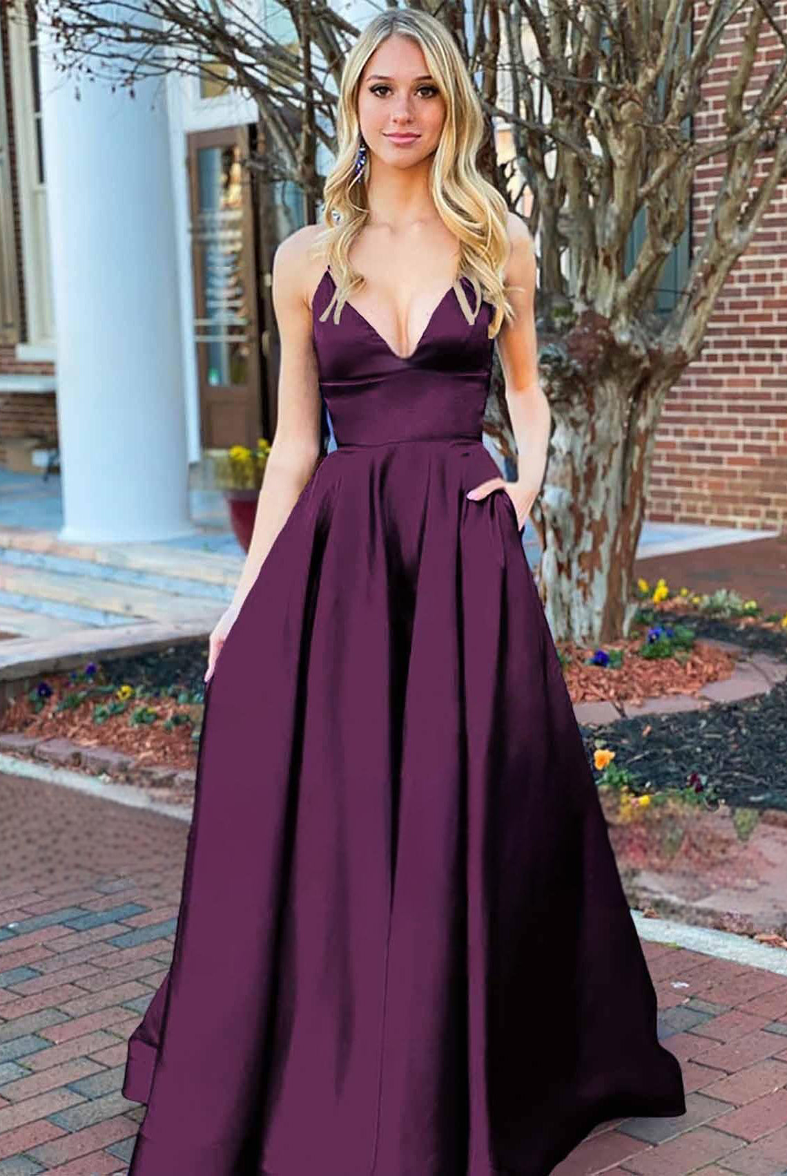 Josey | A Line Royal Blue V Neck Satin Prom Dress With Pockets - KissProm