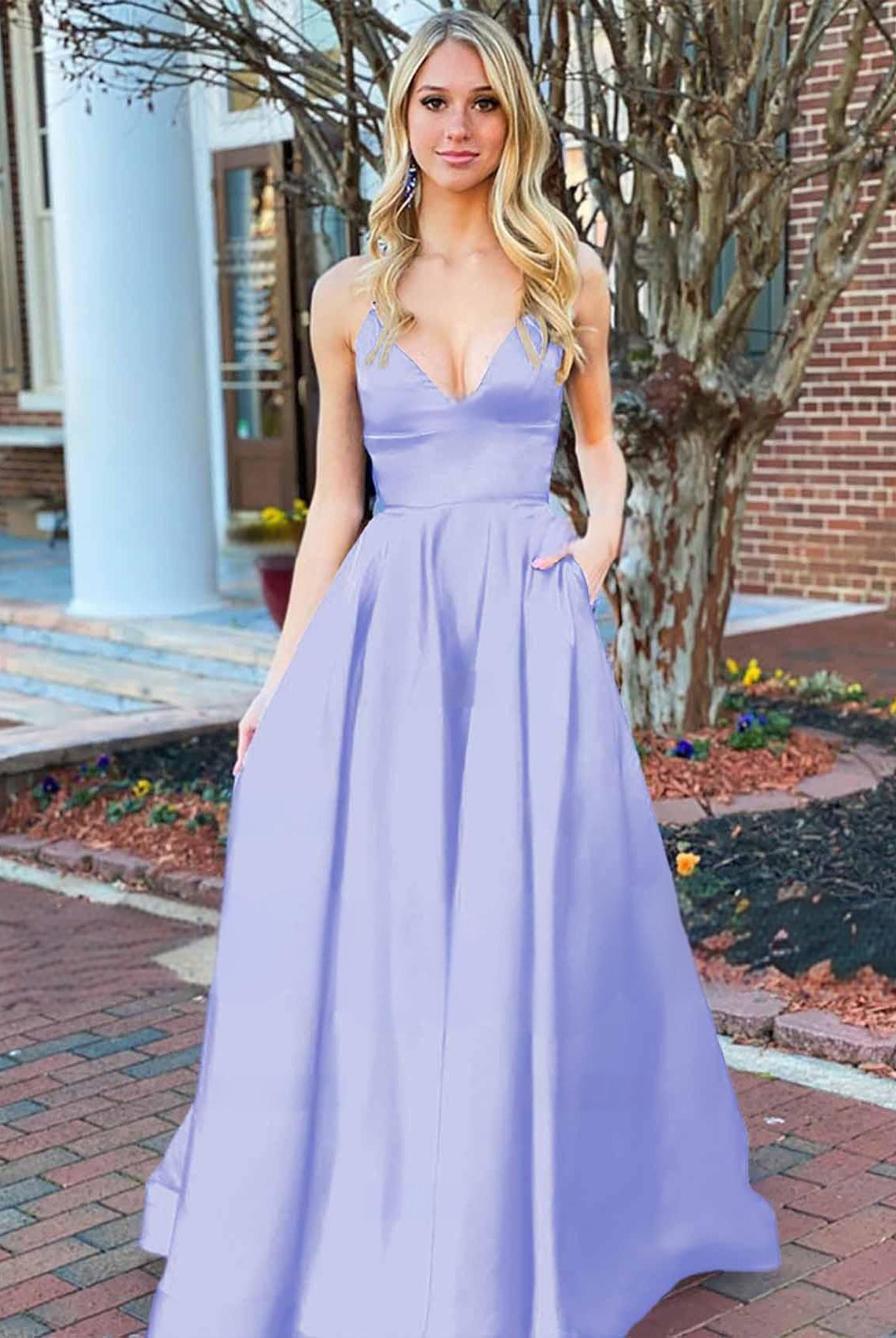 Josey | A Line Royal Blue V Neck Satin Prom Dress With Pockets - KissProm