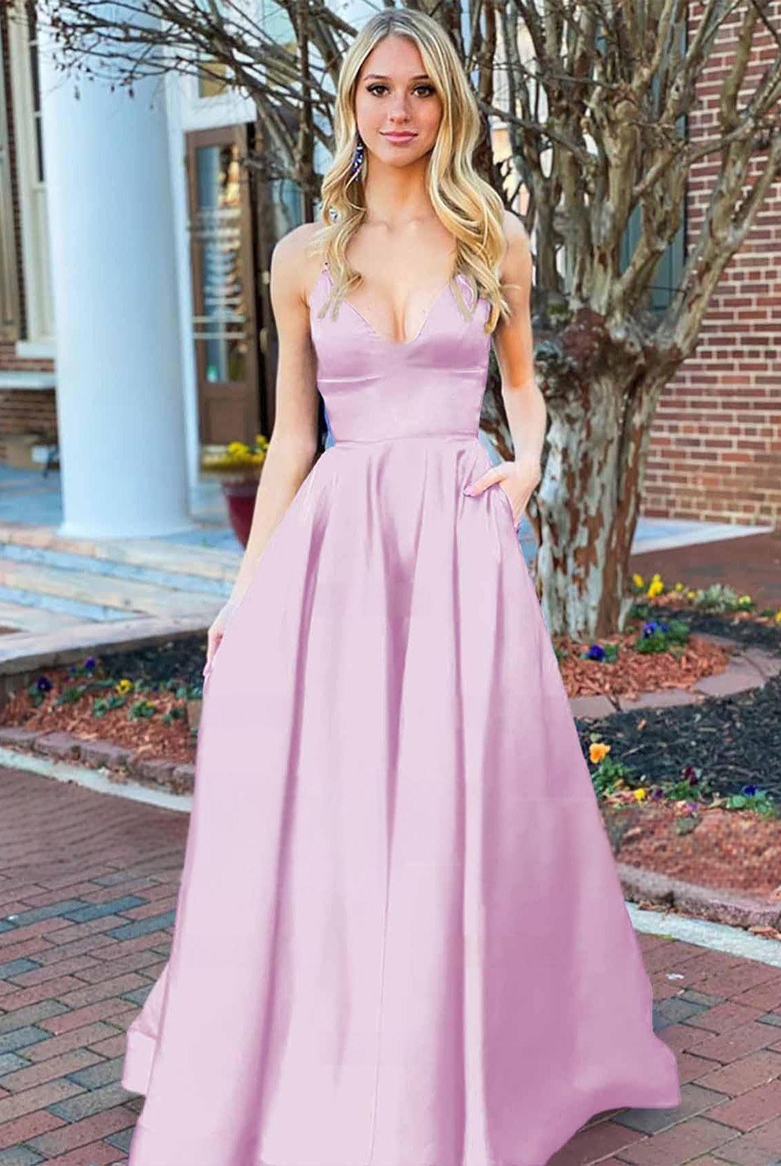 Josey | A Line Royal Blue V Neck Satin Prom Dress With Pockets - KissProm