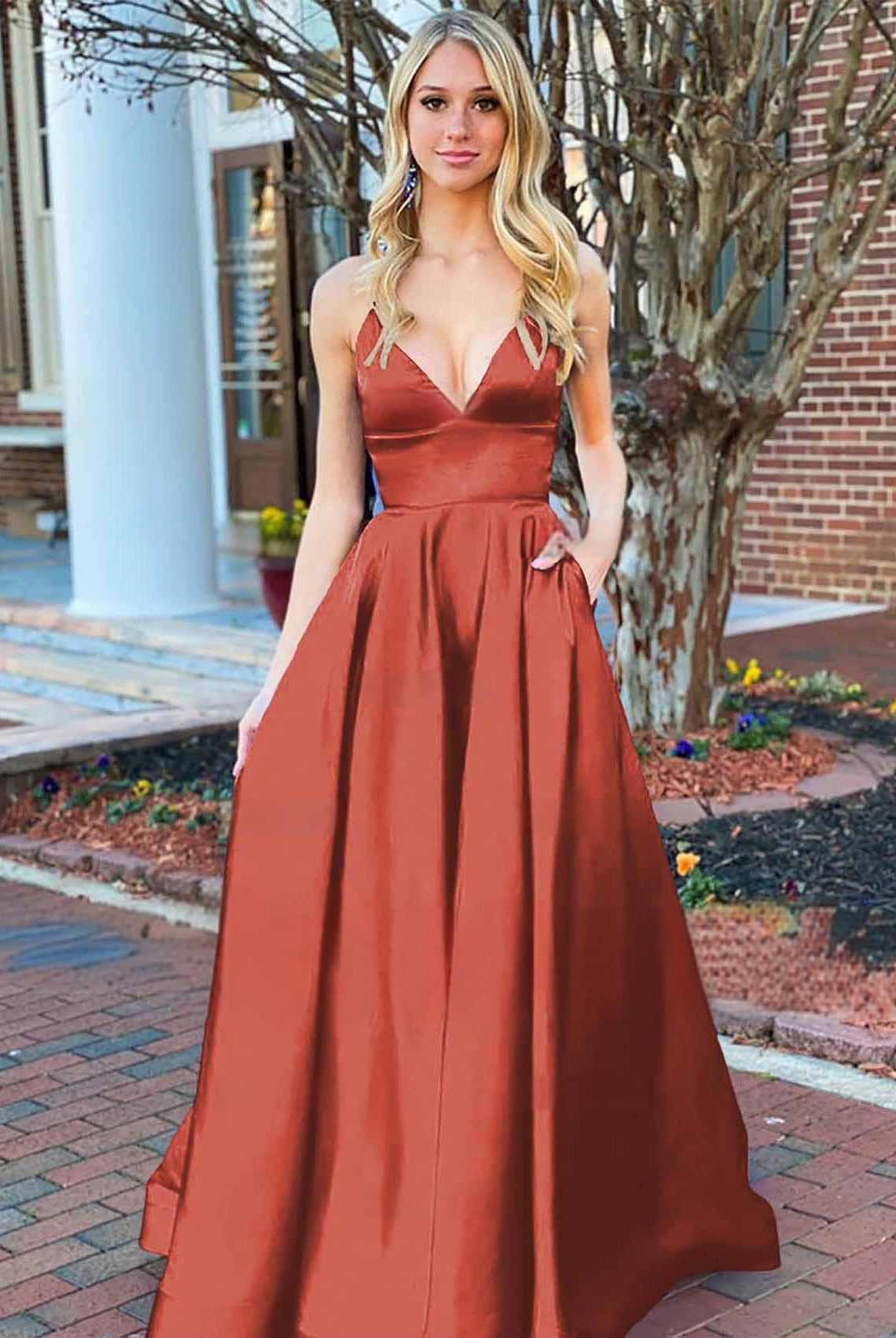 Josey | A Line Royal Blue V Neck Satin Prom Dress With Pockets - KissProm