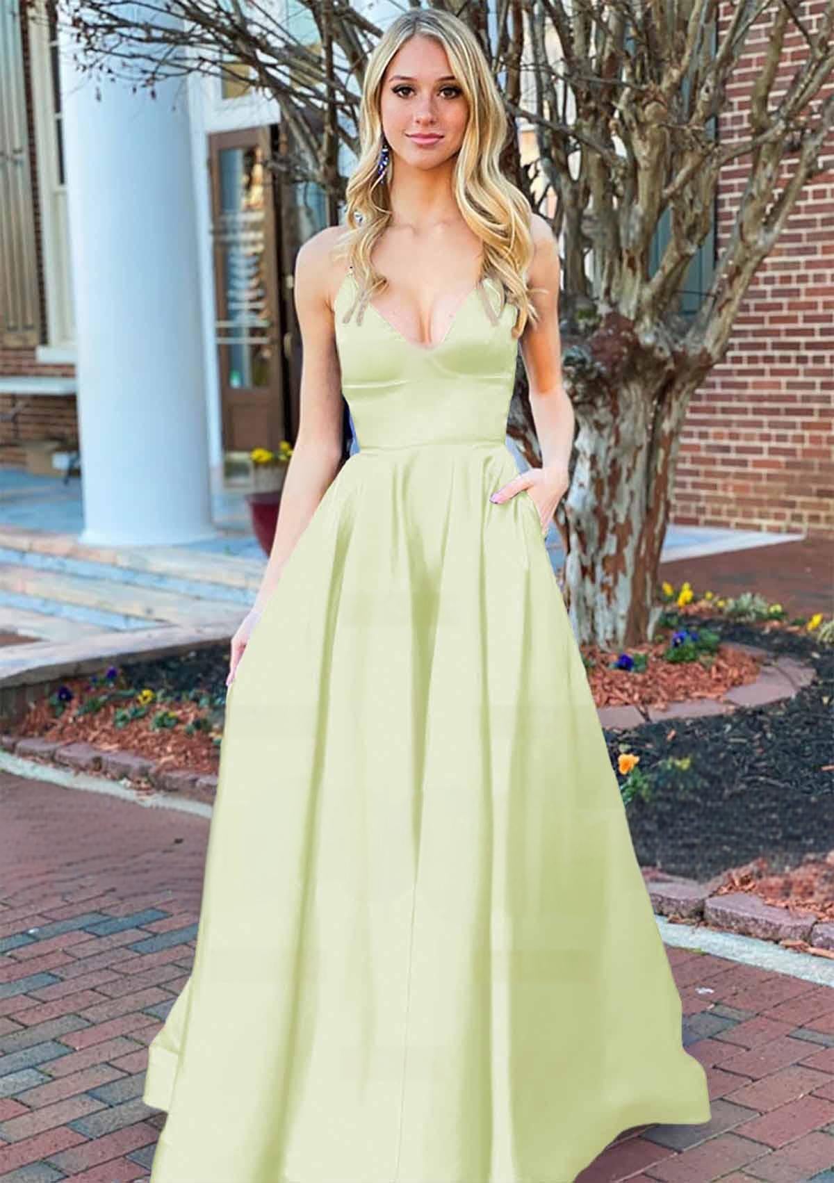 Josey | A Line Royal Blue V Neck Satin Prom Dress With Pockets - KissProm