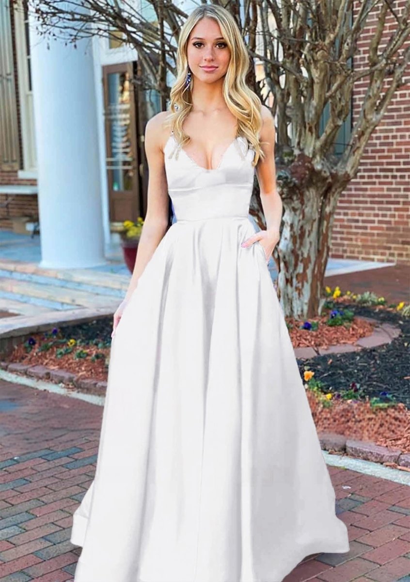 Josey | A Line Royal Blue V Neck Satin Prom Dress With Pockets - KissProm