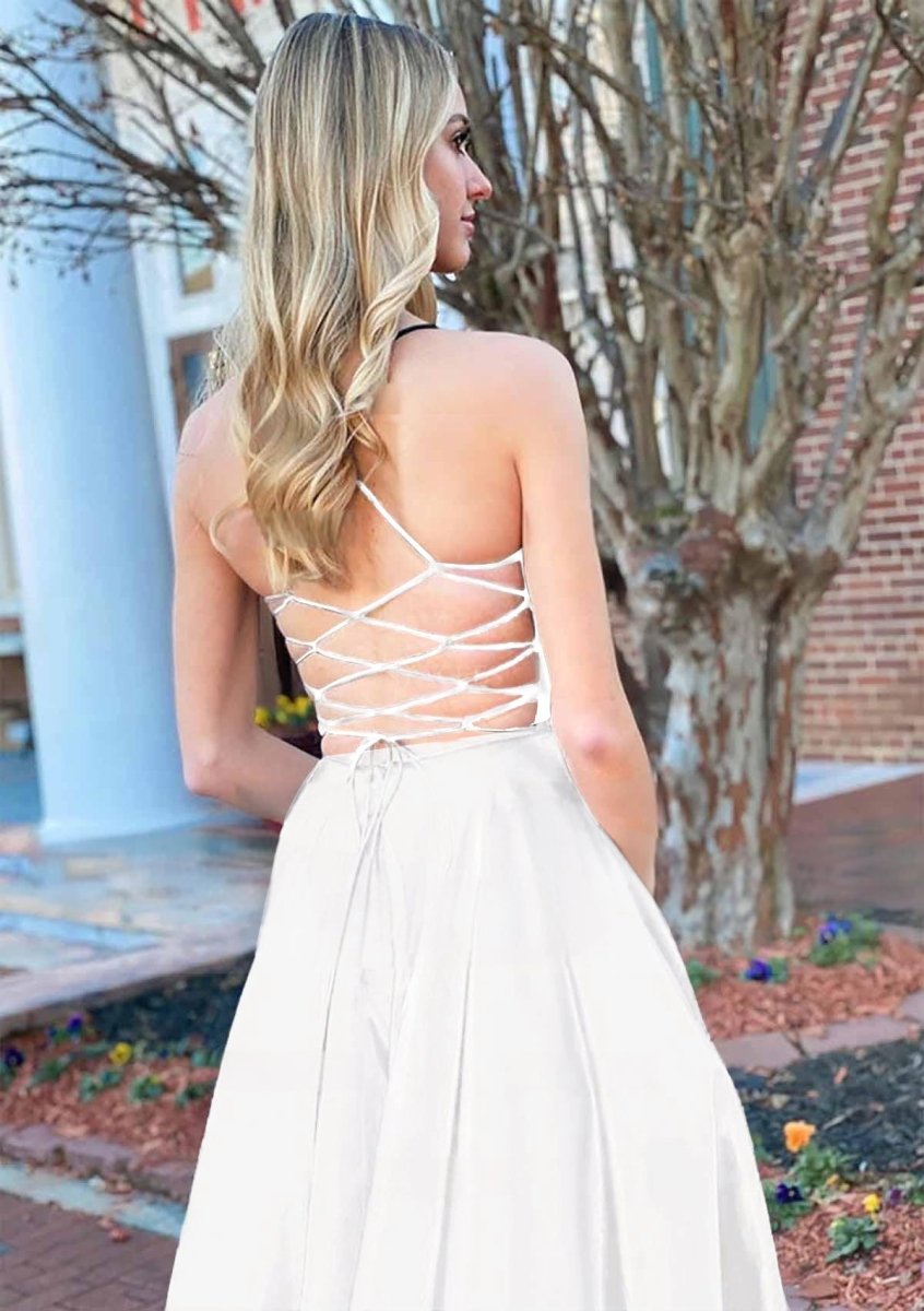 Josey | A Line Royal Blue V Neck Satin Prom Dress With Pockets - KissProm