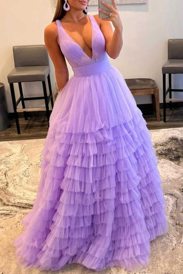 Reese |A-line Orange V-Neck Tulle Long Prom Dress