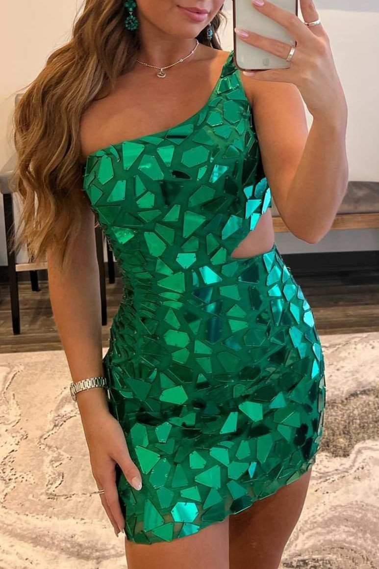Jaliyah | Green Cut Glass Mirror One-Shoulder Cutout Short Party Dress