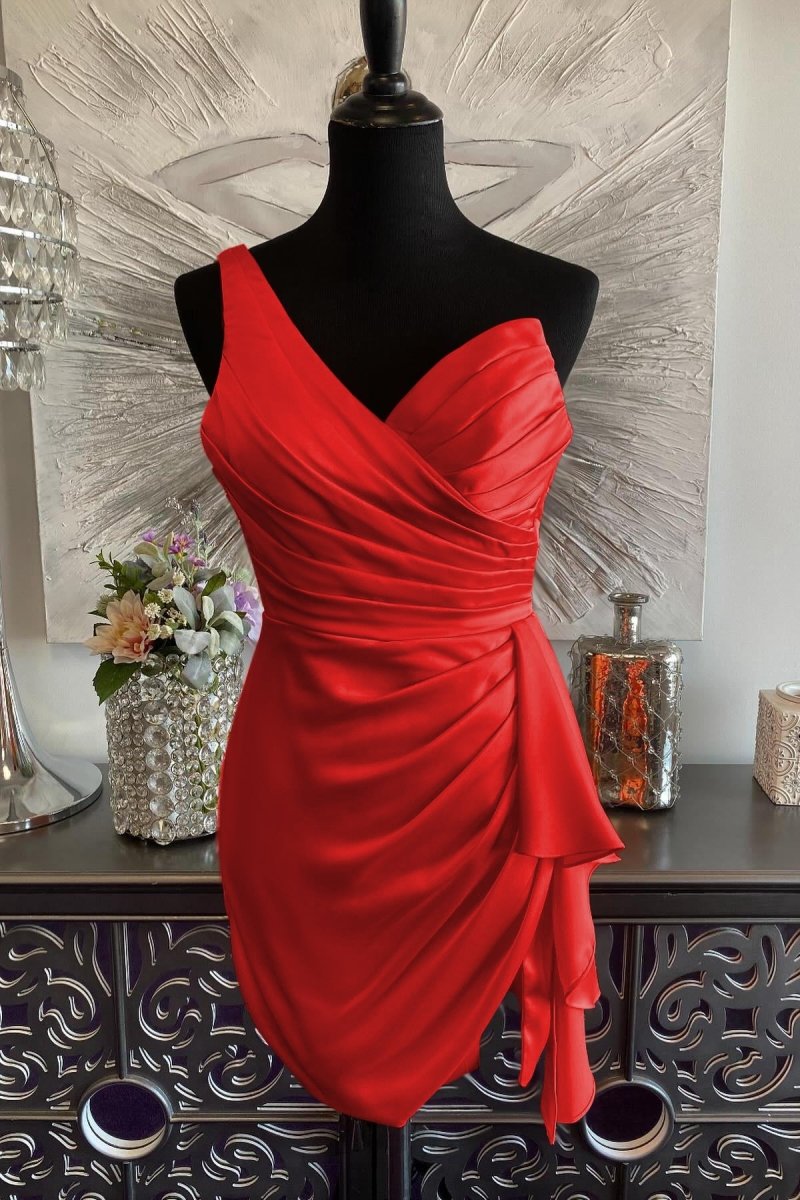 Jubilee | Red - One Shoulder Spandex Pleated Homecoming Dresses With Slit