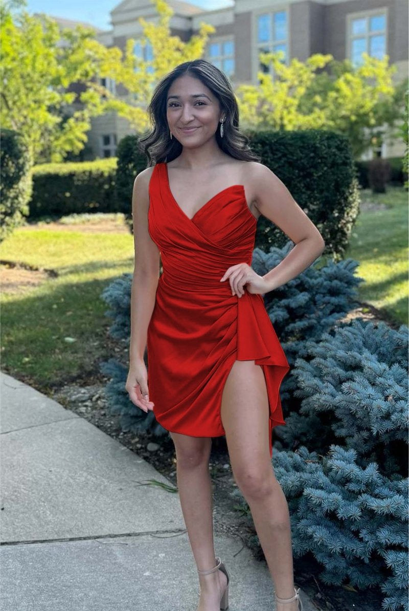 Jubilee | Red - One Shoulder Spandex Pleated Homecoming Dresses With Slit