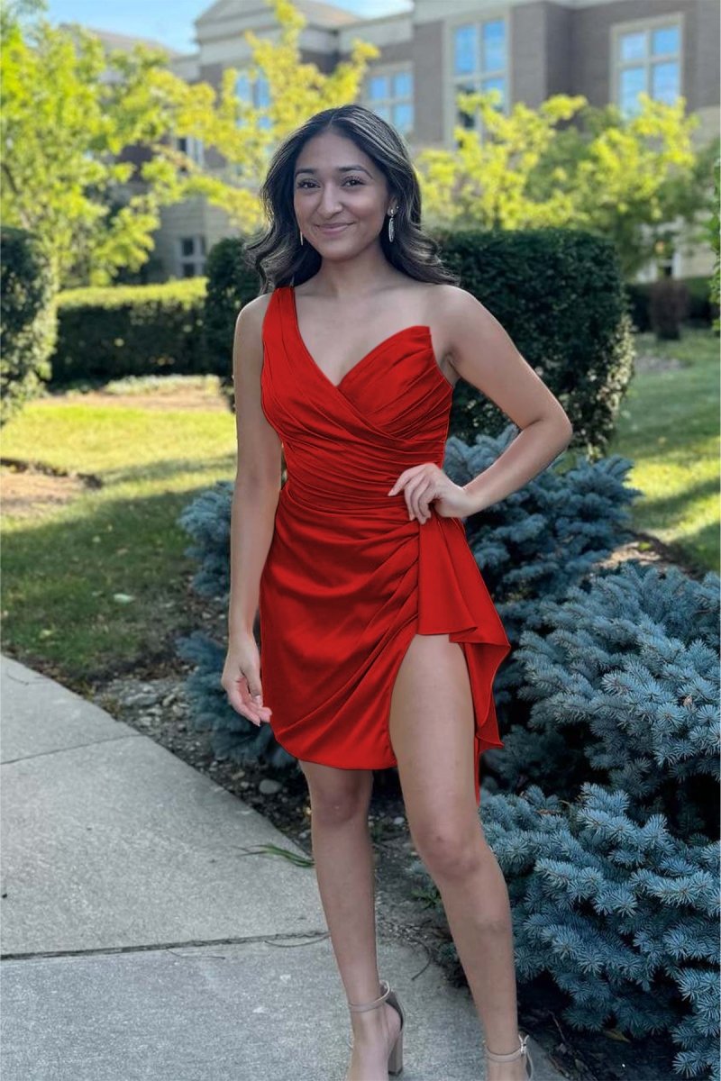 Jubilee | Red - One Shoulder Spandex Pleated Homecoming Dresses With Slit