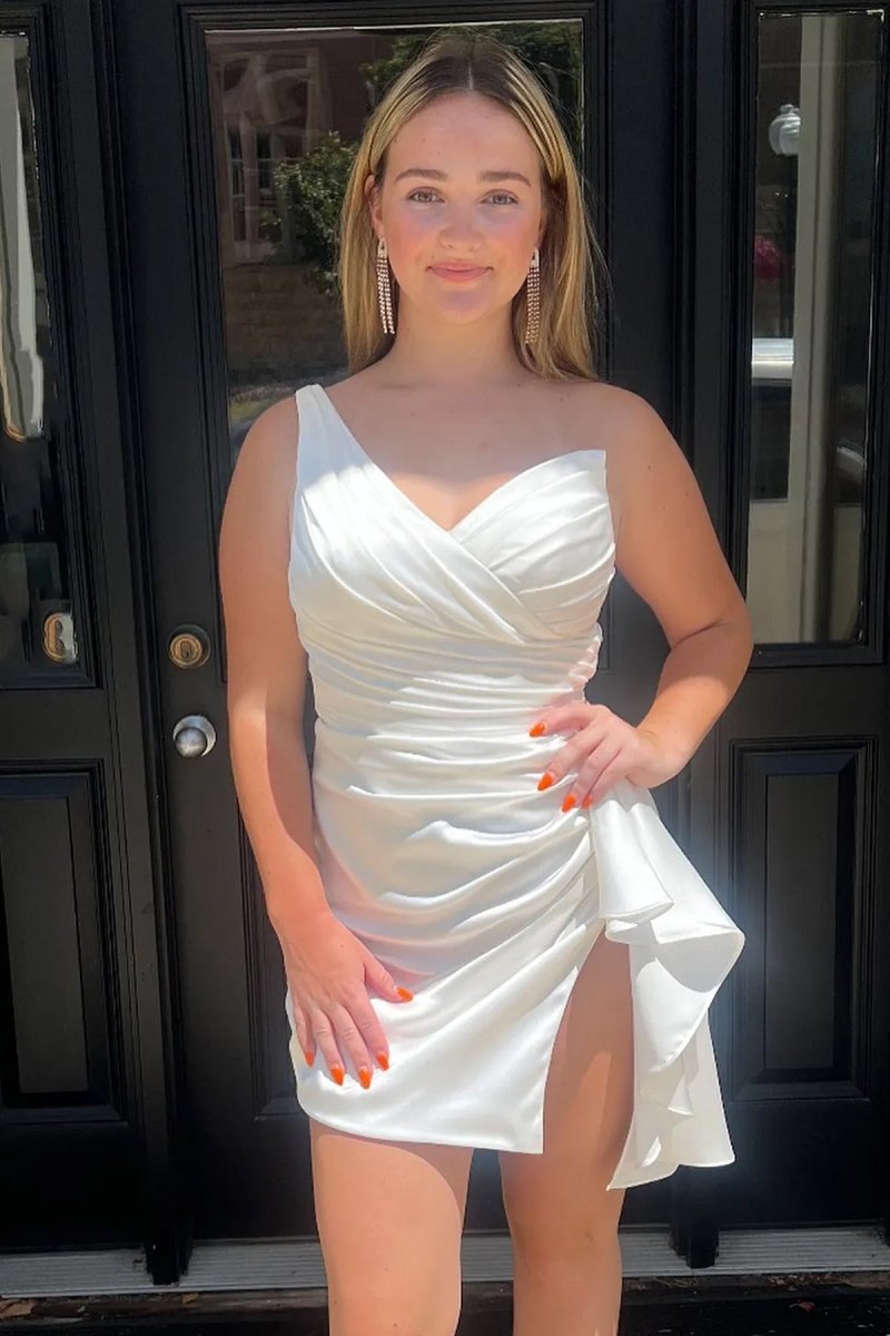 Jubilee | White - One Shoulder Spandex Pleated Homecoming Dresses With Slit