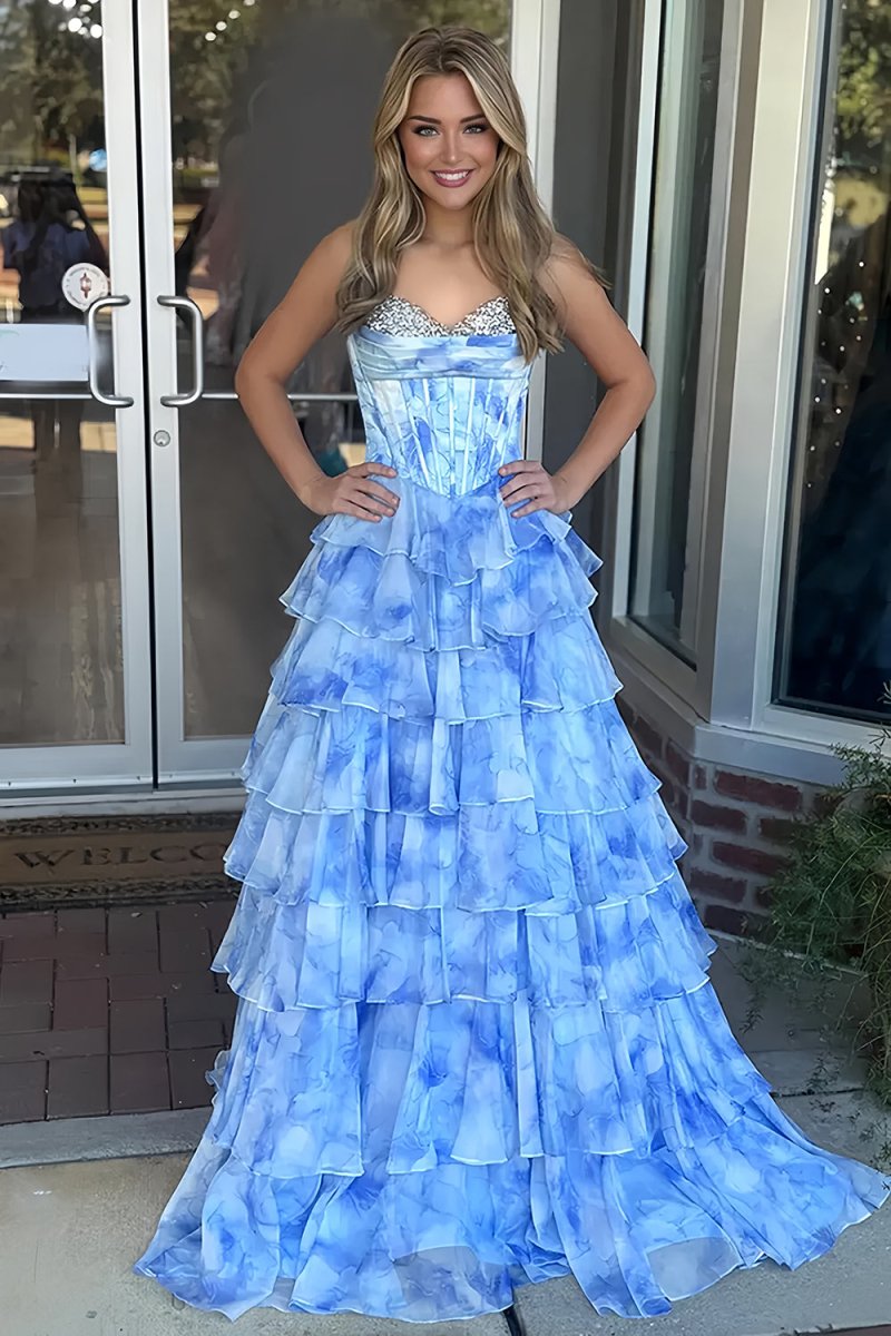 Juliane | Blue - Strapless A-Line Floral Chiffon Ruffled Long Prom Dresses With Beading - KissProm