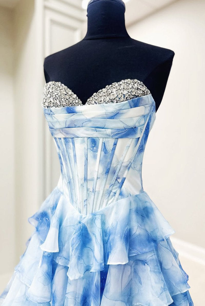 Juliane | Blue - Strapless A - Line Floral Chiffon Ruffled Long Prom Dresses With Beading - KissProm