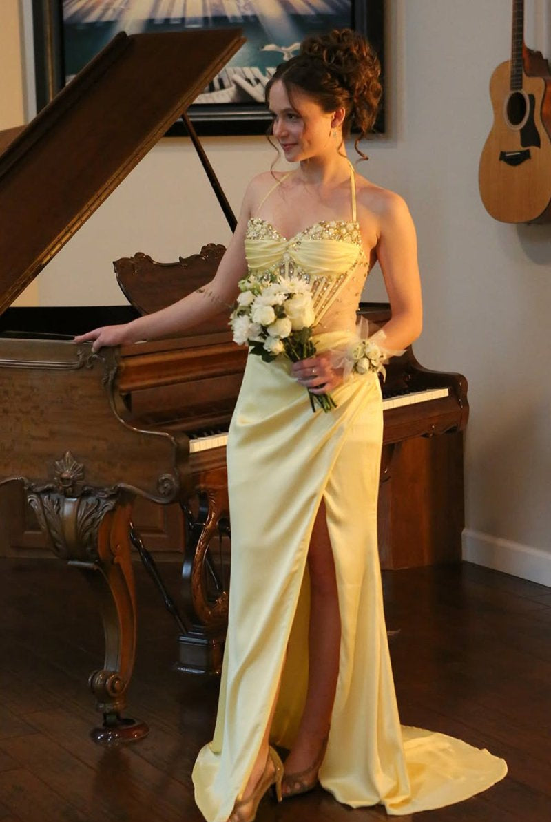 Julienne | Yellow - Halter Pleated Sheath Satin Long Prom Dresses With Beading - KissProm