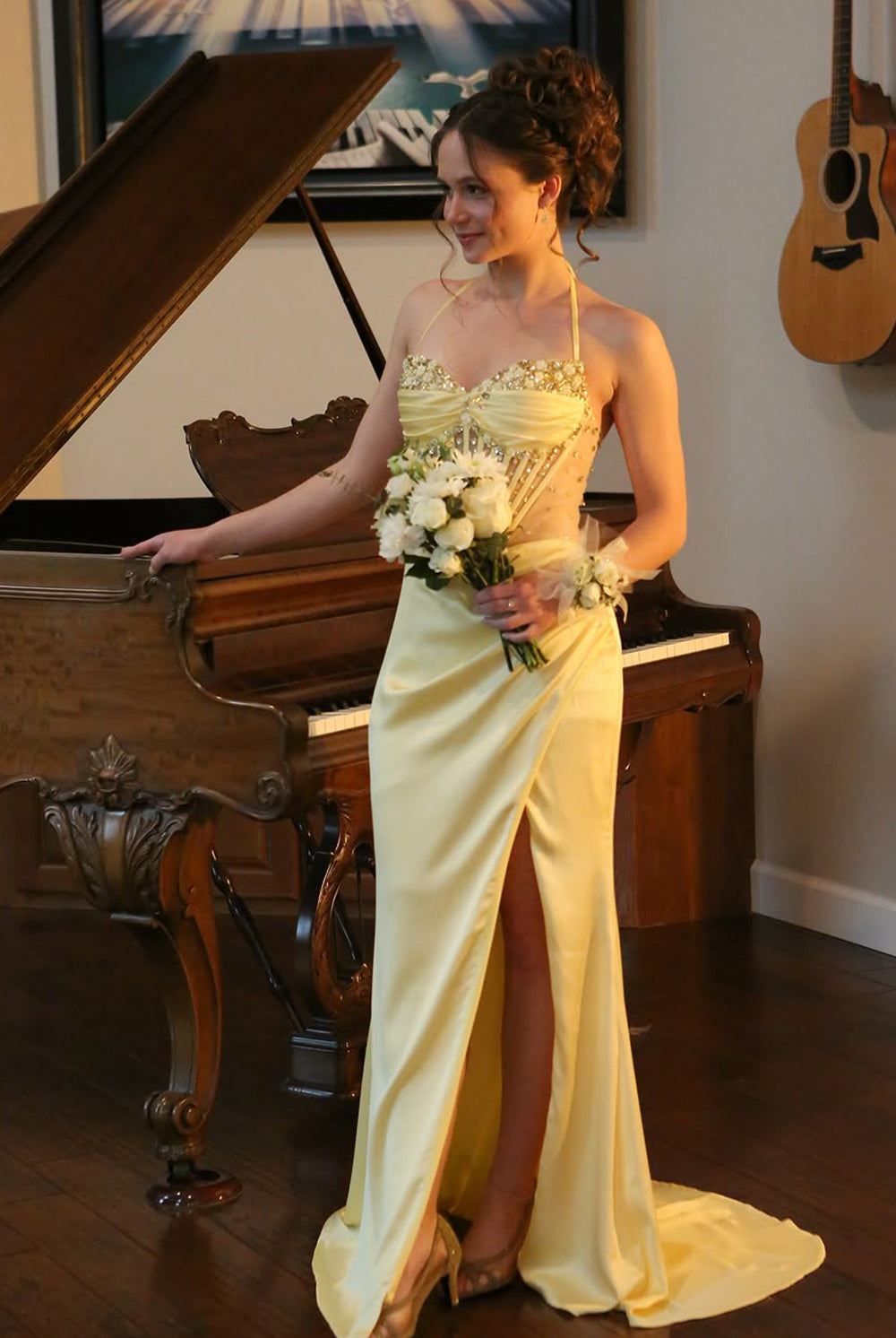 Julienne | Yellow - Halter Pleated Sheath Satin Long Prom Dresses With Beading -KissProm