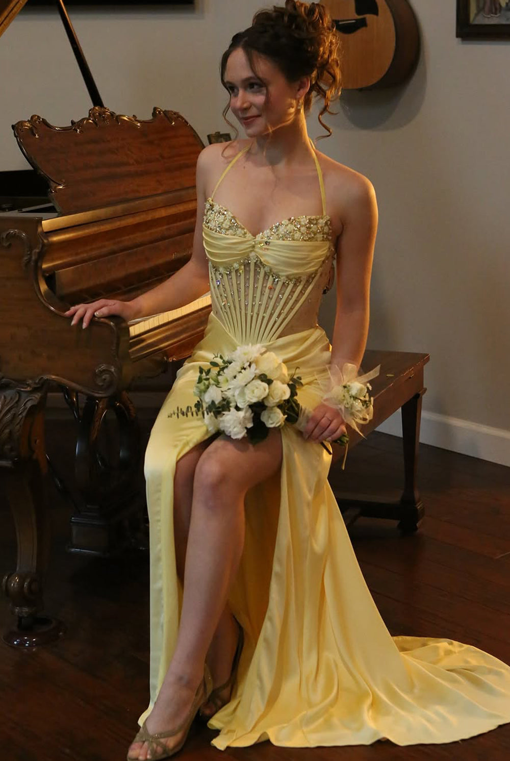 Julienne | Yellow - Halter Pleated Sheath Satin Long Prom Dresses With Beading -KissProm