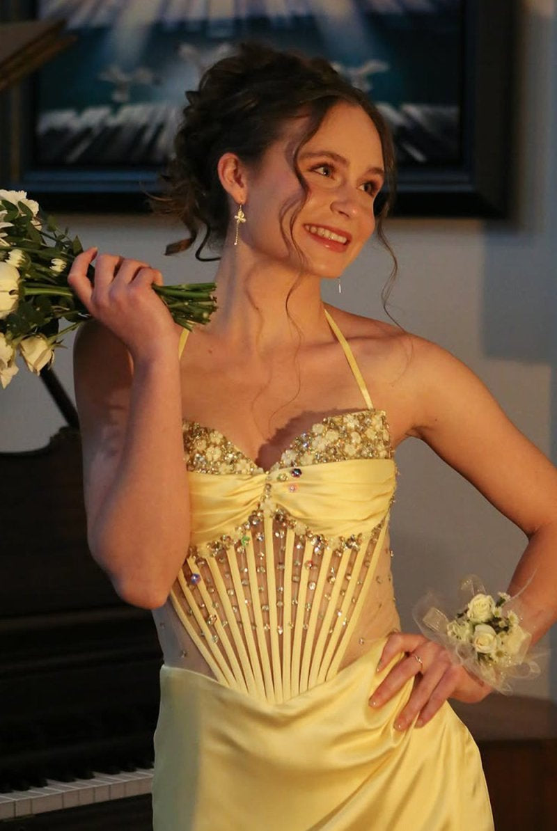 Julienne | Yellow - Halter Pleated Sheath Satin Long Prom Dresses With Beading - KissProm