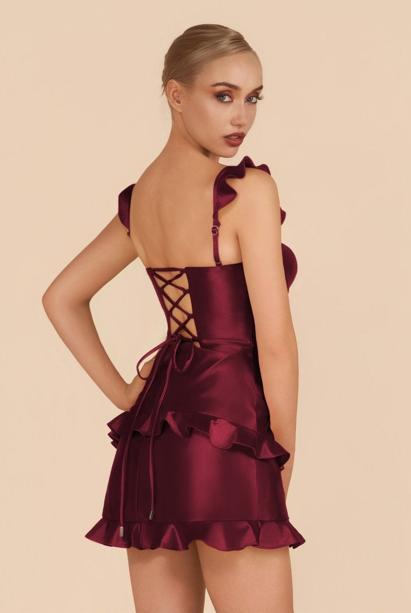 Junelle | Burgundy - Sweetheart Satin Ruffles Short Homecoming Dresses - KissProm
