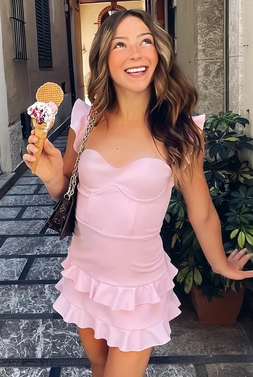 Junelle | Pink - Sweetheart Satin Ruffles Short Homecoming Dresses