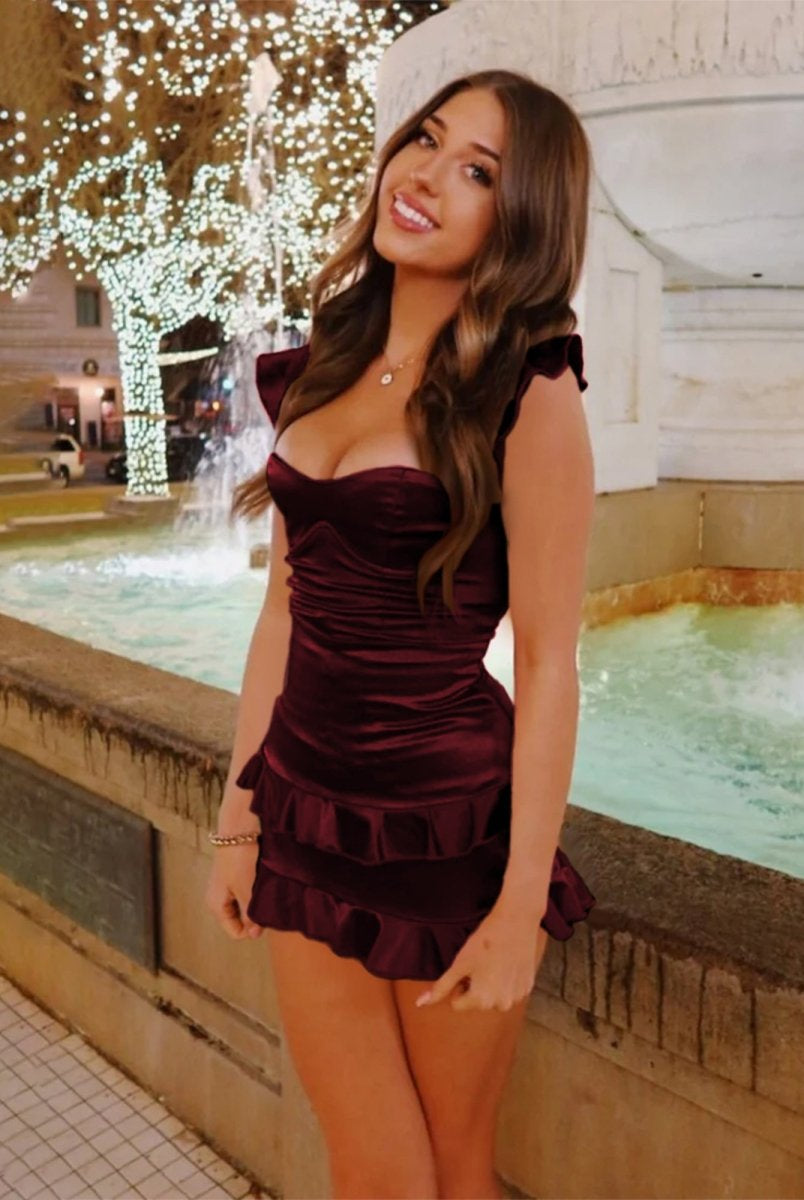 Junelle | Burgundy - Sweetheart Satin Ruffles Short Homecoming Dresses